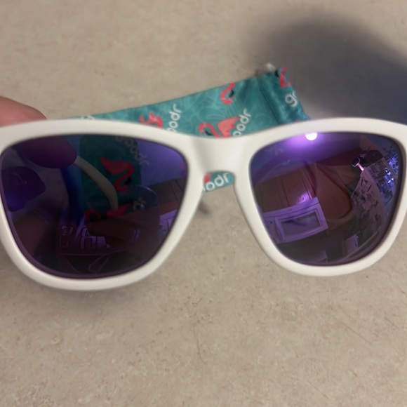 Goodr Side scroll eye roll white frames with a purple tint. Medium size frame - Picture 2 of 7